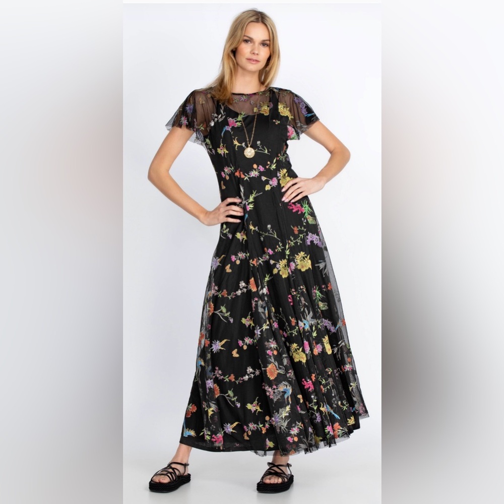 Johnny Was MARGUERITE MESH DRESS with Multicolor Floral Embroidery